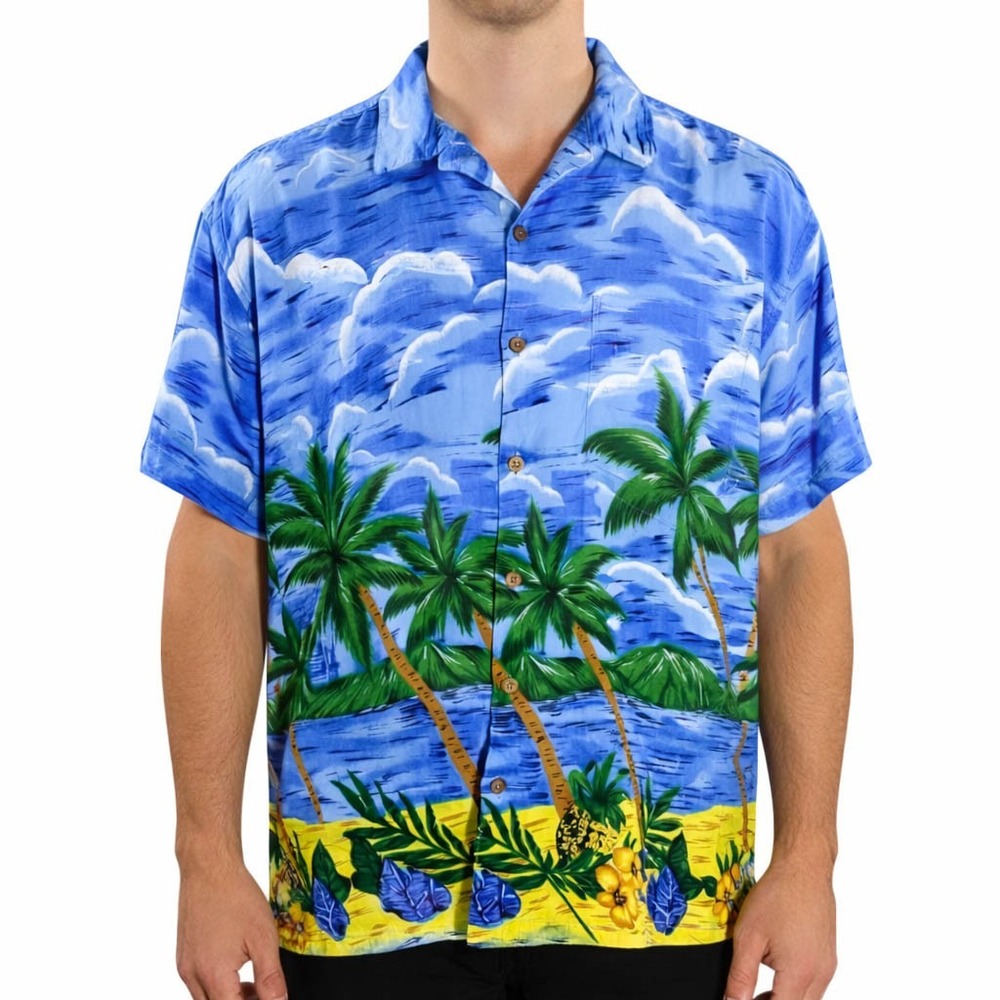 King Size Hawaiian Aloha Shirt 4XL Palm Trees Beach Clouds Bright Blue